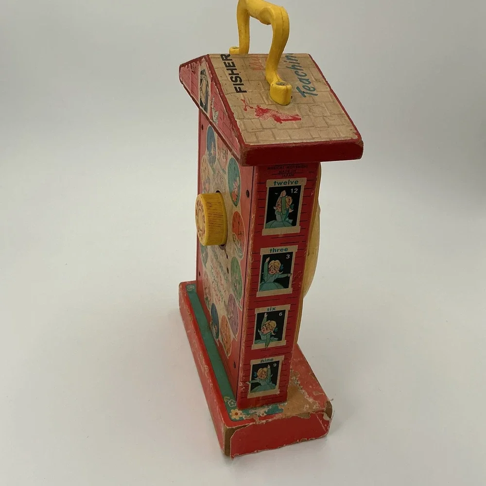 Vintage Fisher Price Music Box Teaching Clock Wood Wind Up‎ Toy 1964 USA Works